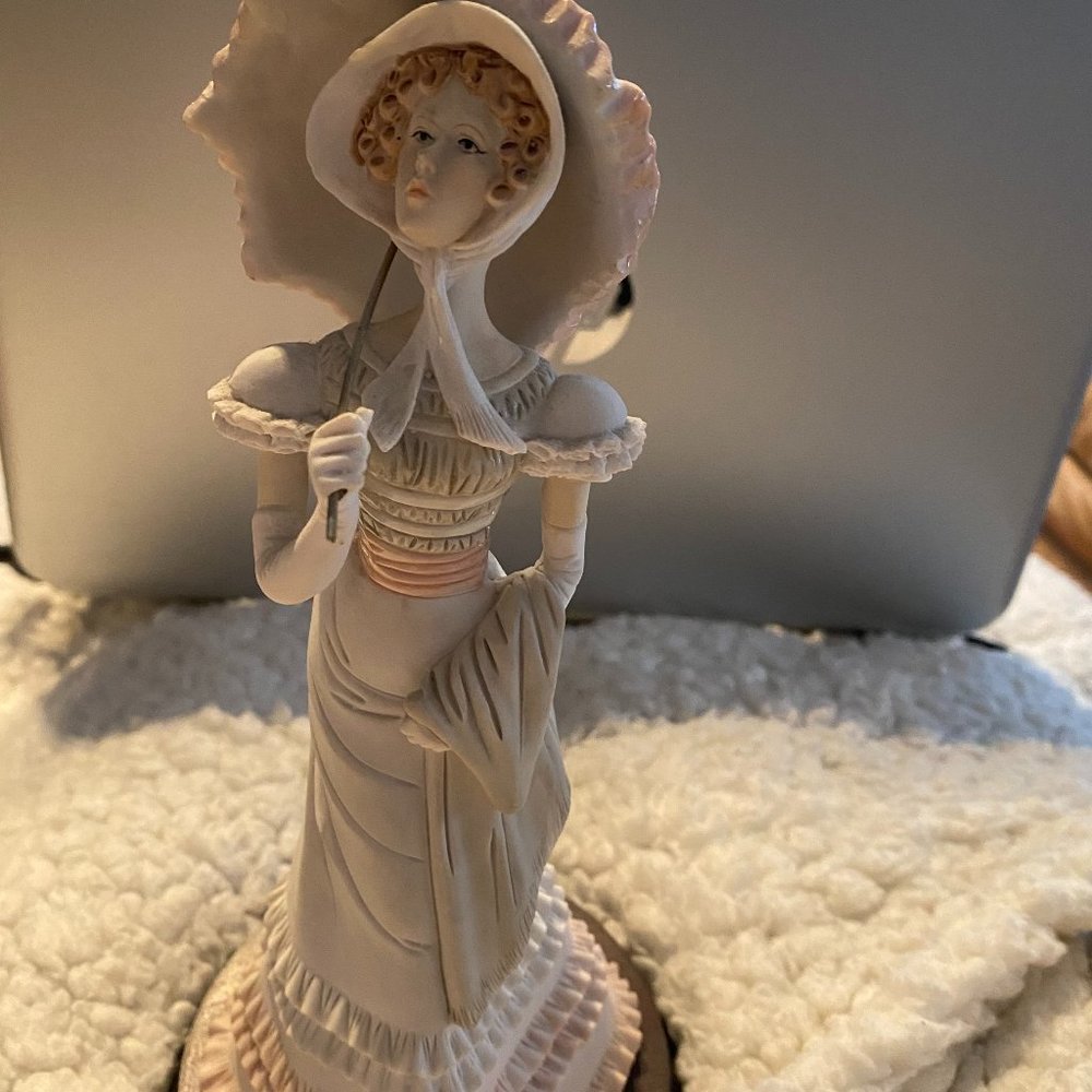 Vintage 1985 Ceramic Lady with Umbrella on wooden display stand by Arnart